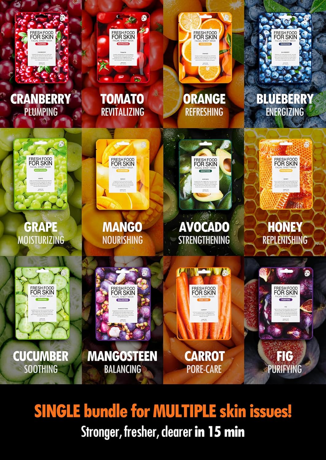 FARMSKIN Facial Sheet Mask - Hydrating, Moisturizing, Clarifying, Soothing Face Masks for Oily, Dry & Sagging Skin - Breathable & Fast-Absorbing - Vegan & Cruelty-Free Korean Skin Care (12 Packs) 12 Count 12