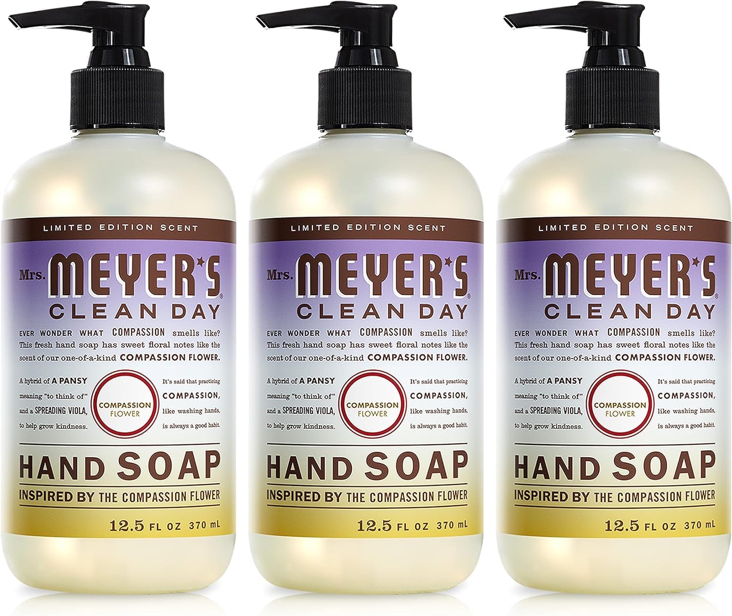 MRS. MEYER'S CLEAN DAY Hand Soap, Made with Essential Oils, Biodegradable Formula, Compassion Flower, 12.5 fl. oz - Pack Of 3 12.5 Fl Oz (Pack of 3) Compassion Flower