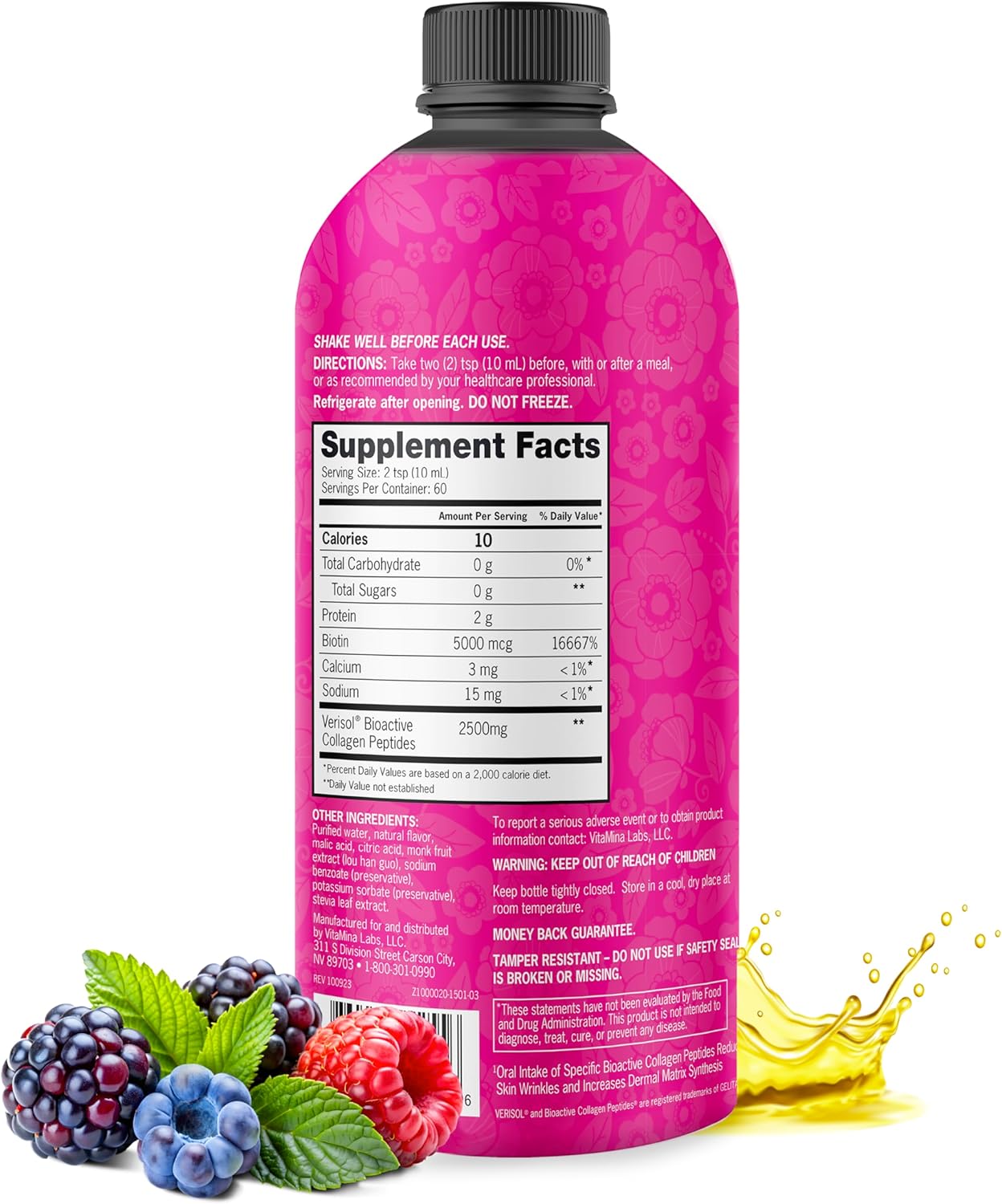 Zena Nutrition Liquid Collagen for Women & Men (Type 1 & 3) & 5000mcg Biotin, 2500mg Verisol Bioactive Collagen Peptides, Hair, Skin, Nail Supplement, Mixed Berry Colageno, 60 Servings, 20.3 fl oz