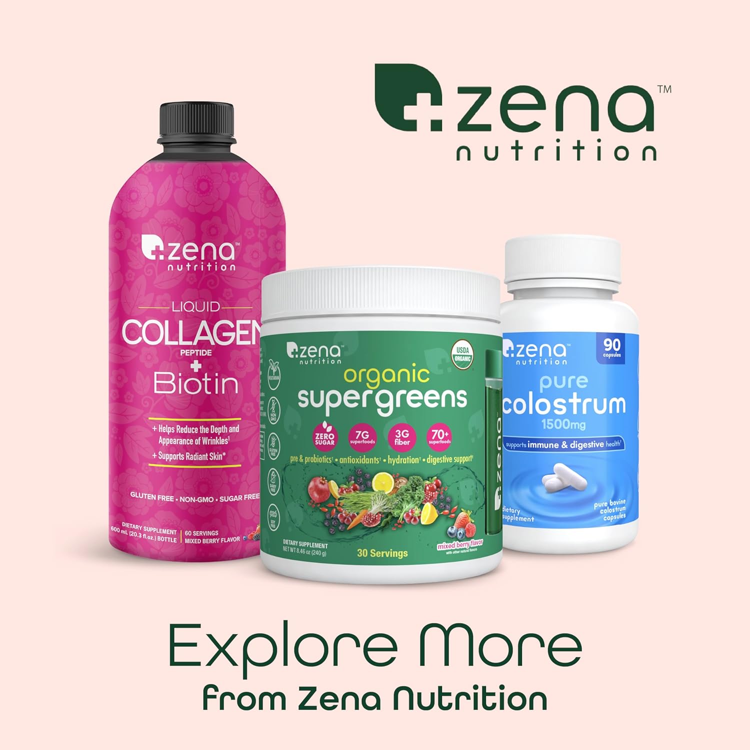 Zena Nutrition Liquid Collagen for Women & Men (Type 1 & 3) & 5000mcg Biotin, 2500mg Verisol Bioactive Collagen Peptides, Hair, Skin, Nail Supplement, Mixed Berry Colageno, 60 Servings, 20.3 fl oz