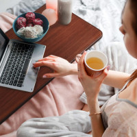 Vaunn Medical Adjustable Overbed Bedside Table With Wheels (Hospital and Home Use) Walnut Brown