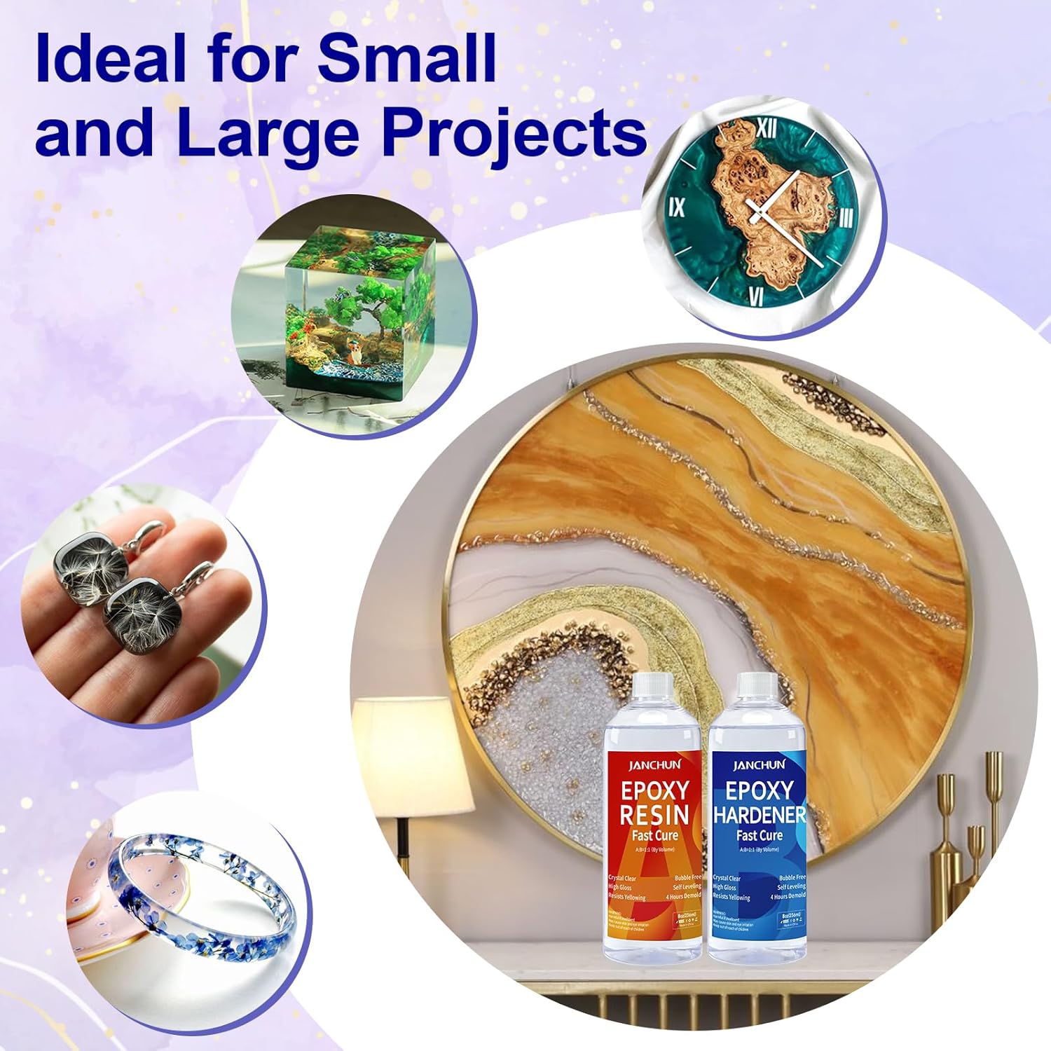 JANCHUN Crystal Clear Epoxy Resin Kit 16oz, Bubble-Free, Anti-Yellowing, Self Leveling Easy Mix 1:1 Coating and Casting Resin for Table Top, Molds, Tumbler Crafts, Painting, Jewelry, DIY Gifts 8 Fl Oz (Pack of 2)