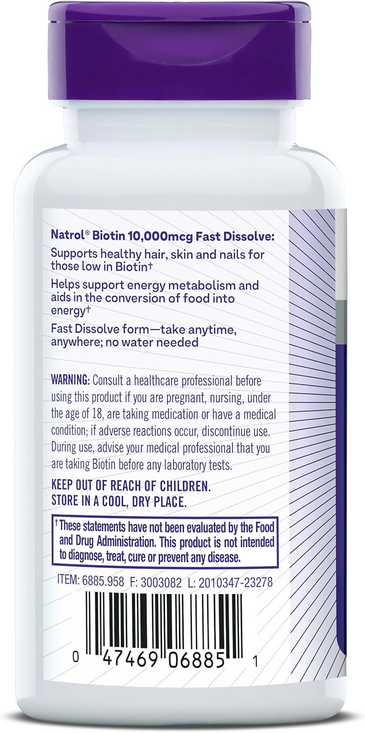 Natrol Biotin 10000mcg, 4X Faster Dissolve Supplement for Healthy Hair, Skin and Nails for Those Low in Biotin, Plus Energy Metabolism Support, 60 Tablets, Up to a 60 Day Supply Strawberry 60 Count (Pack of 1)