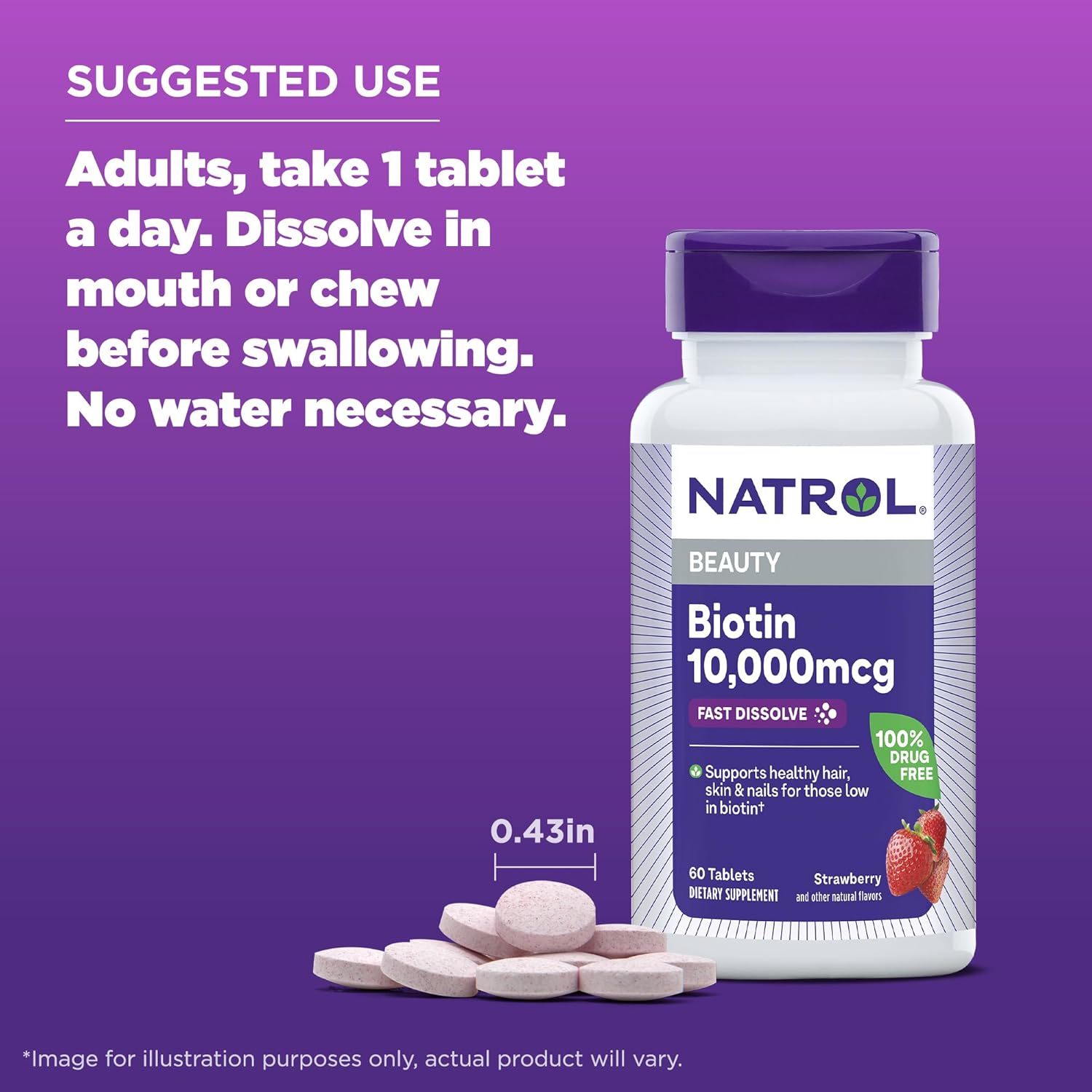 Natrol Biotin 10000mcg, 4X Faster Dissolve Supplement for Healthy Hair, Skin and Nails for Those Low in Biotin, Plus Energy Metabolism Support, 60 Tablets, Up to a 60 Day Supply Strawberry 60 Count (Pack of 1)