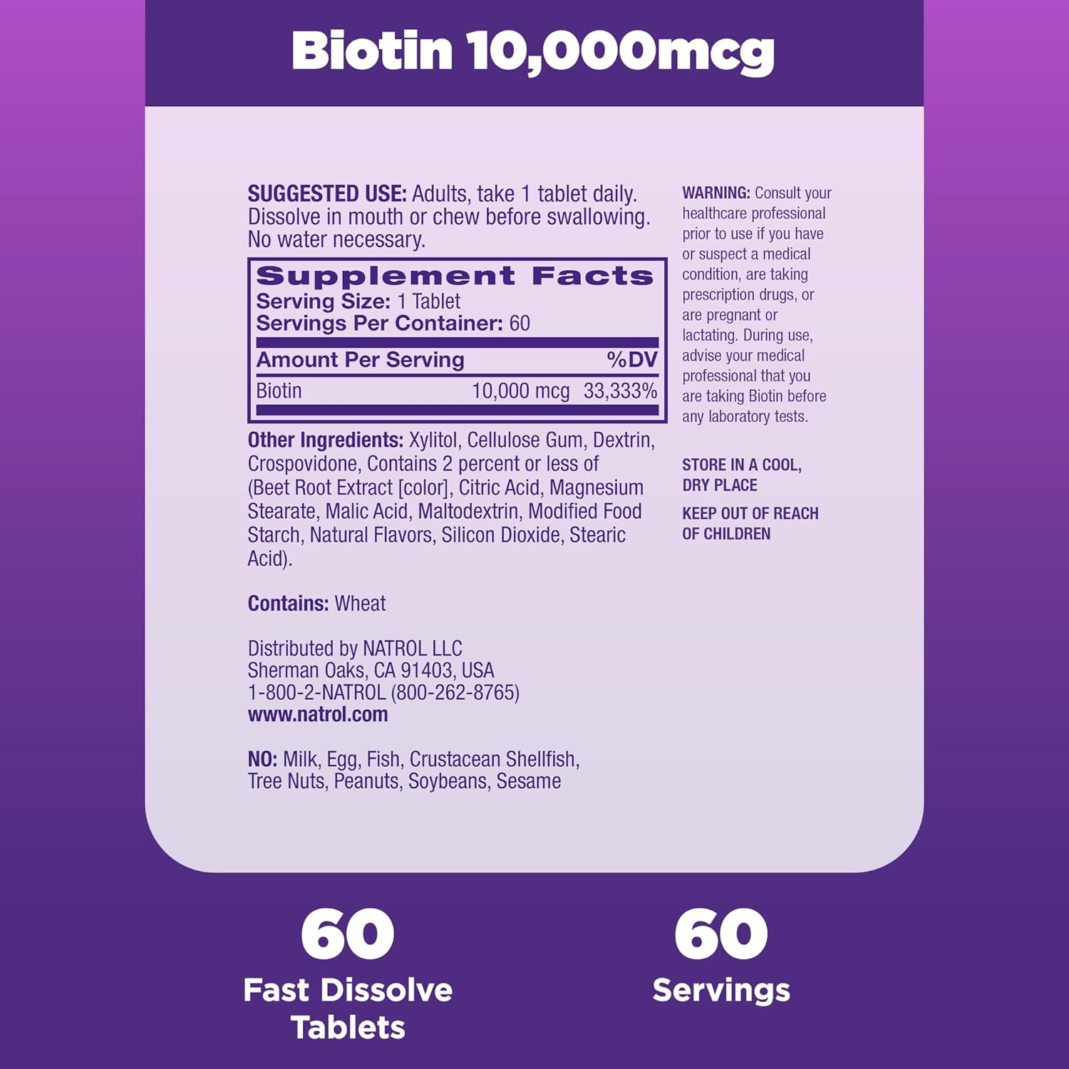 Natrol Biotin 10000mcg, 4X Faster Dissolve Supplement for Healthy Hair, Skin and Nails for Those Low in Biotin, Plus Energy Metabolism Support, 60 Tablets, Up to a 60 Day Supply Strawberry 60 Count (Pack of 1)