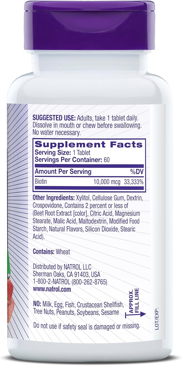 Natrol Biotin 10000mcg, 4X Faster Dissolve Supplement for Healthy Hair, Skin and Nails for Those Low in Biotin, Plus Energy Metabolism Support, 60 Tablets, Up to a 60 Day Supply Strawberry 60 Count (Pack of 1)