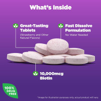 Natrol Biotin 10000mcg, 4X Faster Dissolve Supplement for Healthy Hair, Skin and Nails for Those Low in Biotin, Plus Energy Metabolism Support, 60 Tablets, Up to a 60 Day Supply Strawberry 60 Count (Pack of 1)