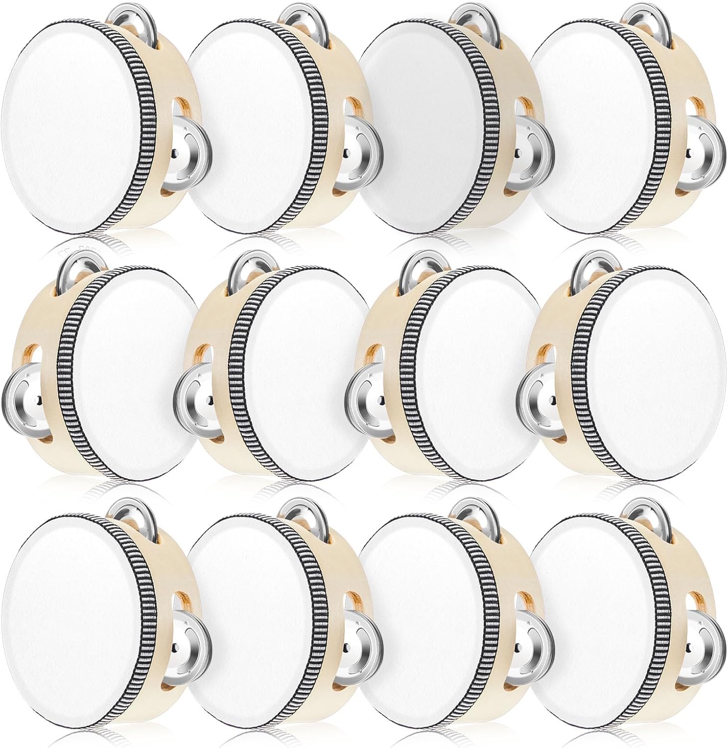 12 Pcs Wedding Tambourine Drum for Adults Hand Held Percussion Gift Wood Metal Jingles Musical Educational Drum Instrument for Church Wedding Party Games(White,4 Inch) 4 Inch White