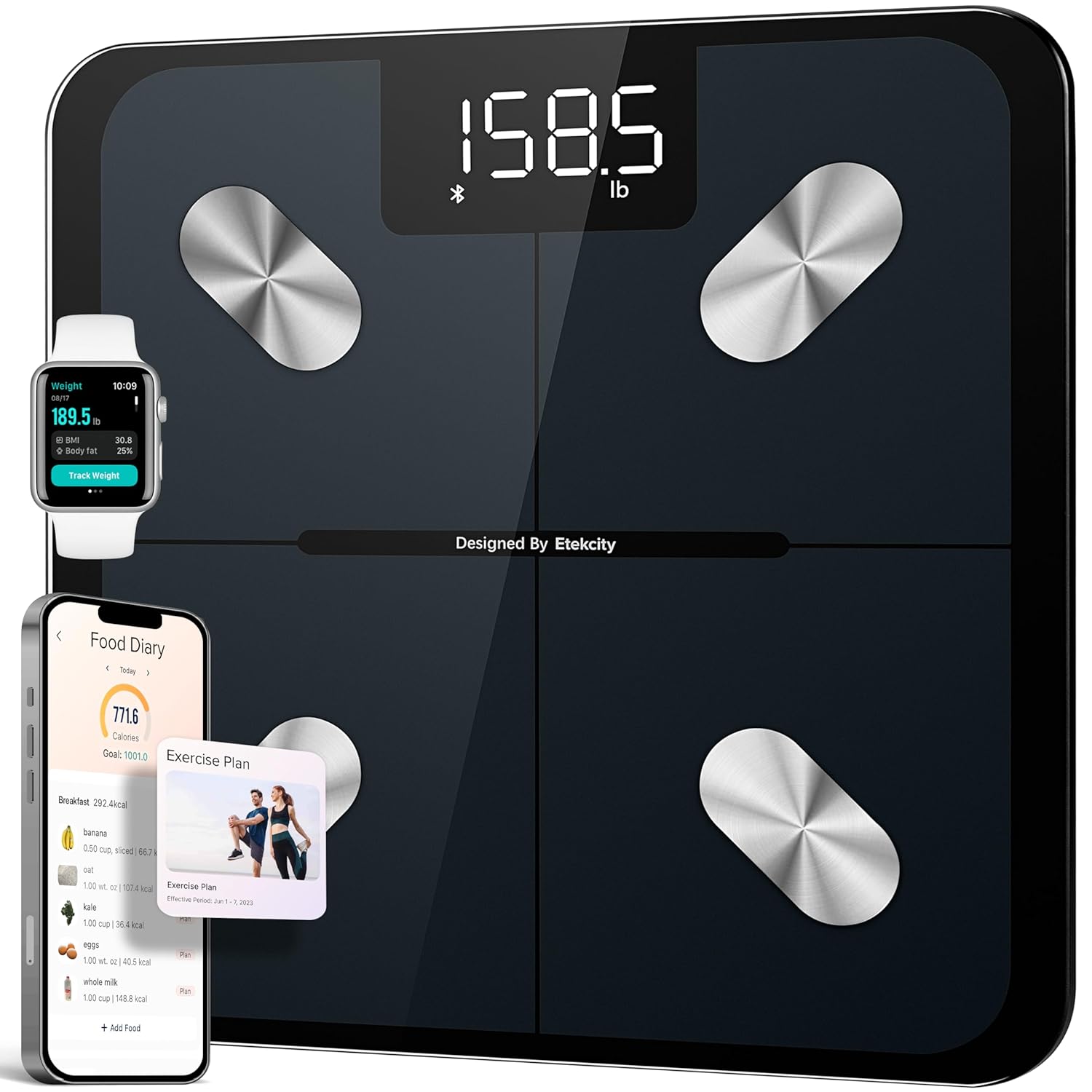 Etekcity Smart Scale for Body Weight, Bathroom Digital Weighing Scale with BMI, Body Fat, Muscle Mass, Accurate Bluetooth Home User Health Equipment Sync Apps Classic-Black