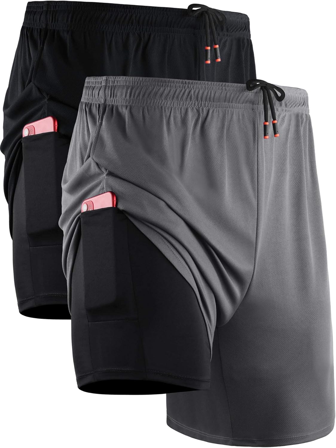 NELEUS Men's 2 in 1 Running Shorts with Liner,Dry Fit Workout Shorts with Pockets Large 6070 Black/Grey,2 Pack