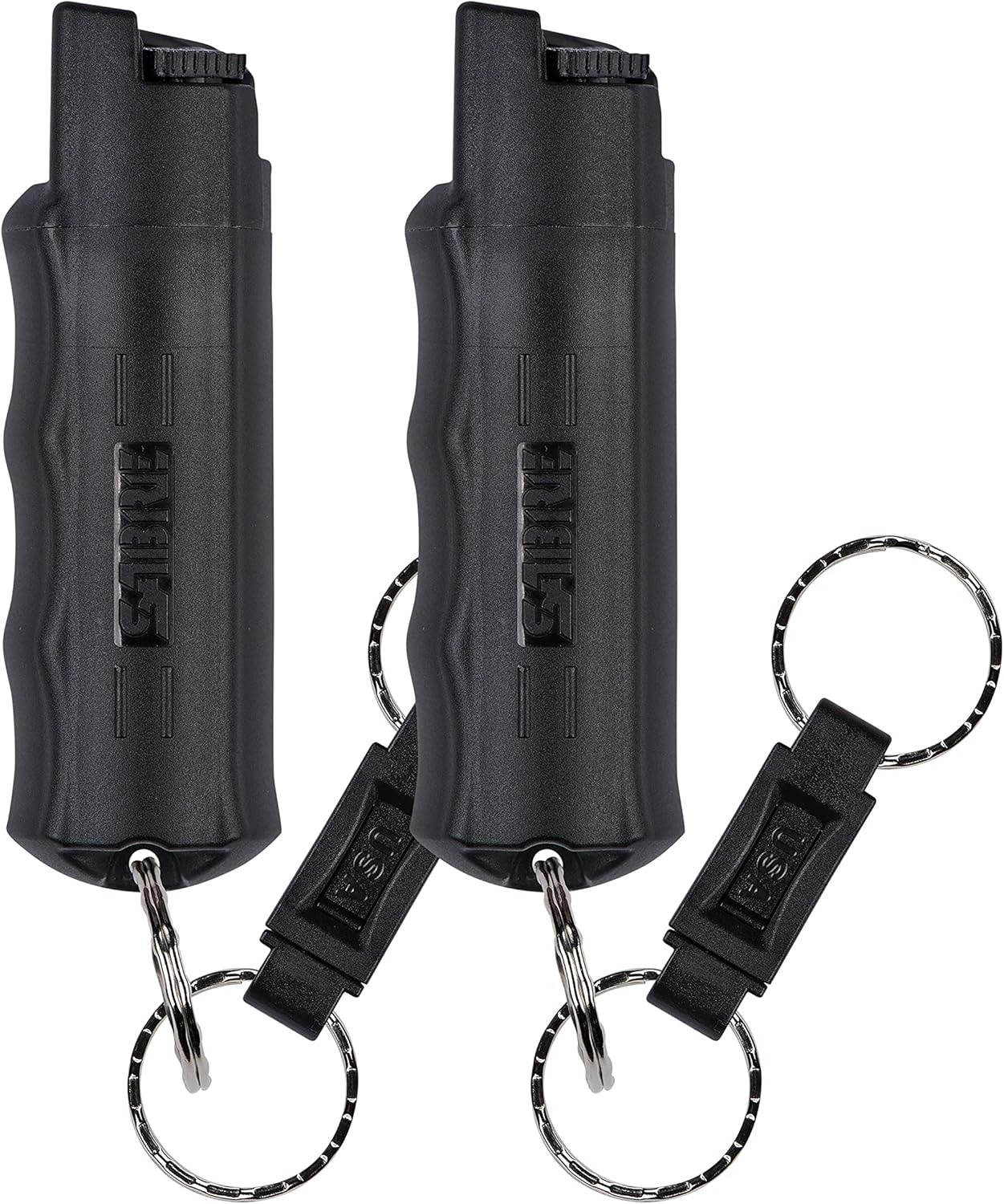 SABRE Defense Spray, 3-in-1 Formula Contains Max Strength Pepper Spray, CS Military Tear Gas & UV Marking Dye, Quick Release Key Ring for Easy Carry, Finger Grip for More Accurate Aim, 0.54 fl oz Black 2 Pack