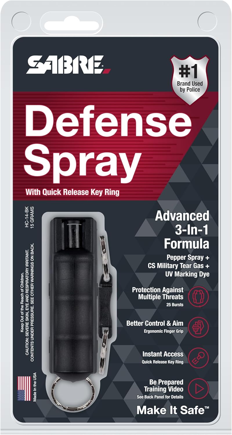 SABRE Defense Spray, 3-in-1 Formula Contains Max Strength Pepper Spray, CS Military Tear Gas & UV Marking Dye, Quick Release Key Ring for Easy Carry, Finger Grip for More Accurate Aim, 0.54 fl oz Black 2 Pack
