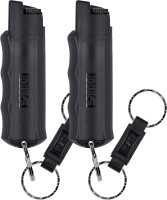 SABRE Defense Spray, 3-in-1 Formula Contains Max Strength Pepper Spray, CS Military Tear Gas & UV Marking Dye, Quick Release Key Ring for Easy Carry, Finger Grip for More Accurate Aim, 0.54 fl oz Black 2 Pack