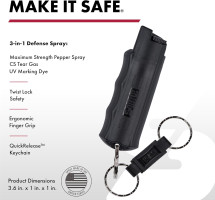 SABRE Defense Spray, 3-in-1 Formula Contains Max Strength Pepper Spray, CS Military Tear Gas & UV Marking Dye, Quick Release Key Ring for Easy Carry, Finger Grip for More Accurate Aim, 0.54 fl oz Black 2 Pack