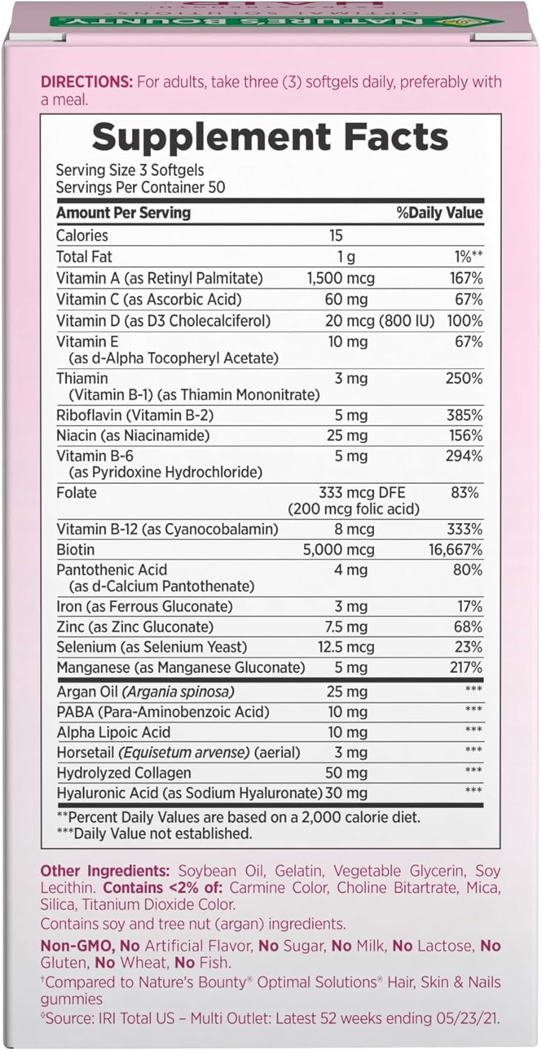 Nature's Bounty Advanced Hair, Skin & Nails, Argan-Infused Vitamin Supplement with Biotin and Hyaluronic Acid, 150 Rapid Release Softgels, 50 Total Servings 150 Count