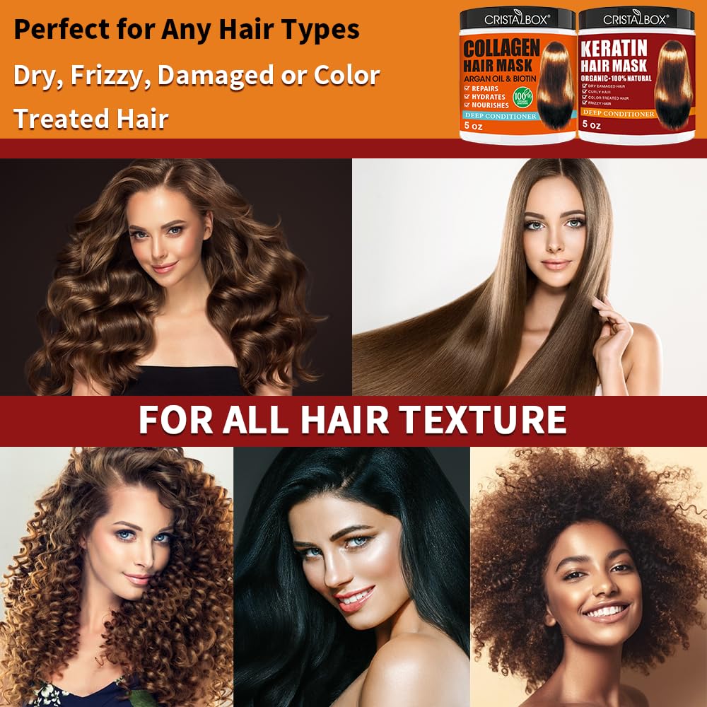 2 Pack Collagen Hair Mask & Keratin Hair Mask,Keratin Hair Treatment,Repair Treatment Deep Conditioning Hair Treatment Mask for Damaged Hair,Hydrating Conditioner with Argan Oil for Dry Hair | Argan Oil, Collagen, Biotin, Hair Treatment Mask