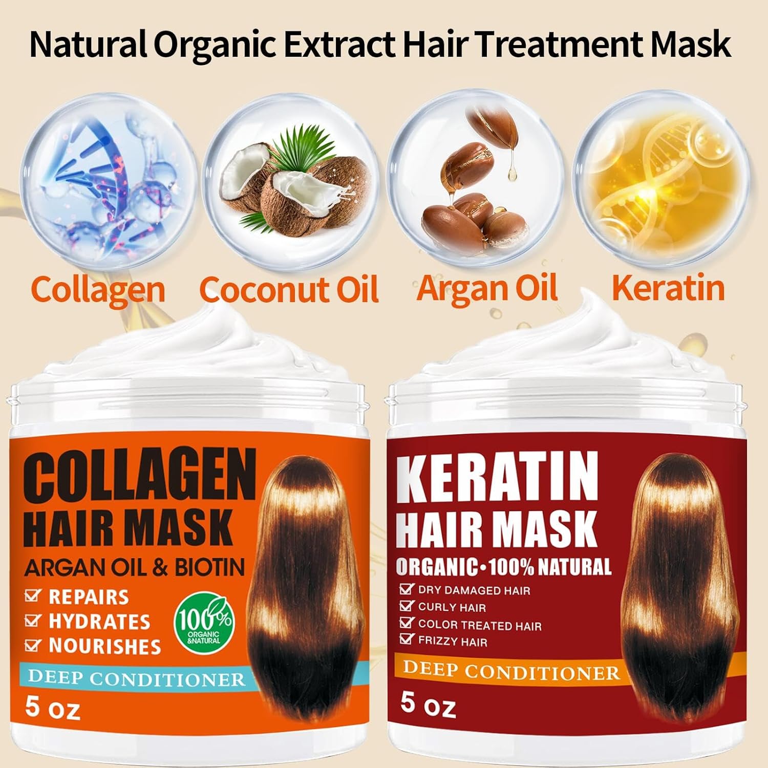 2 Pack Collagen Hair Mask & Keratin Hair Mask,Keratin Hair Treatment,Repair Treatment Deep Conditioning Hair Treatment Mask for Damaged Hair,Hydrating Conditioner with Argan Oil for Dry Hair | Argan Oil, Collagen, Biotin, Hair Treatment Mask