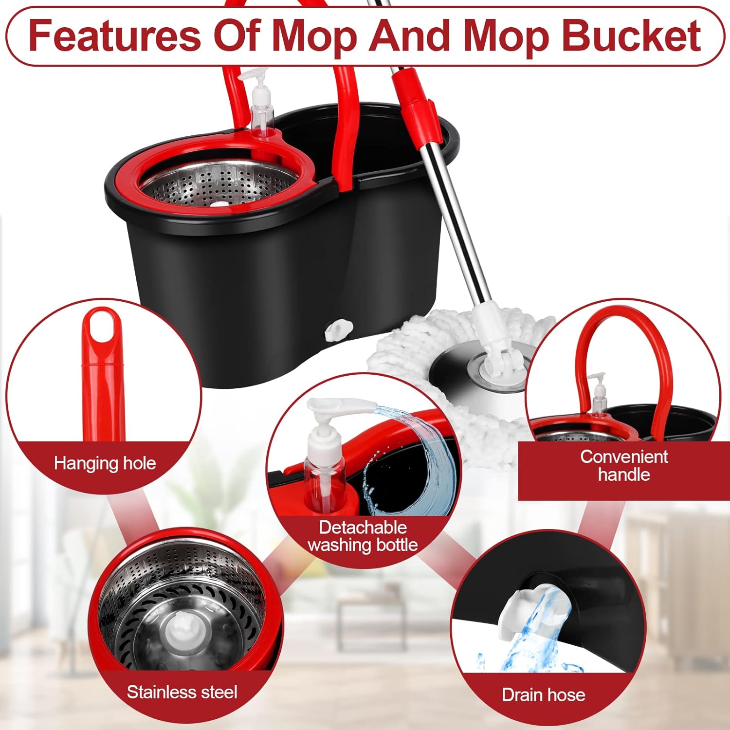 Spin Mop and Bucket with Wringer Set, 360° Spinning Mop Bucket System with 3 Microfiber Mop Replacement Heads and 61