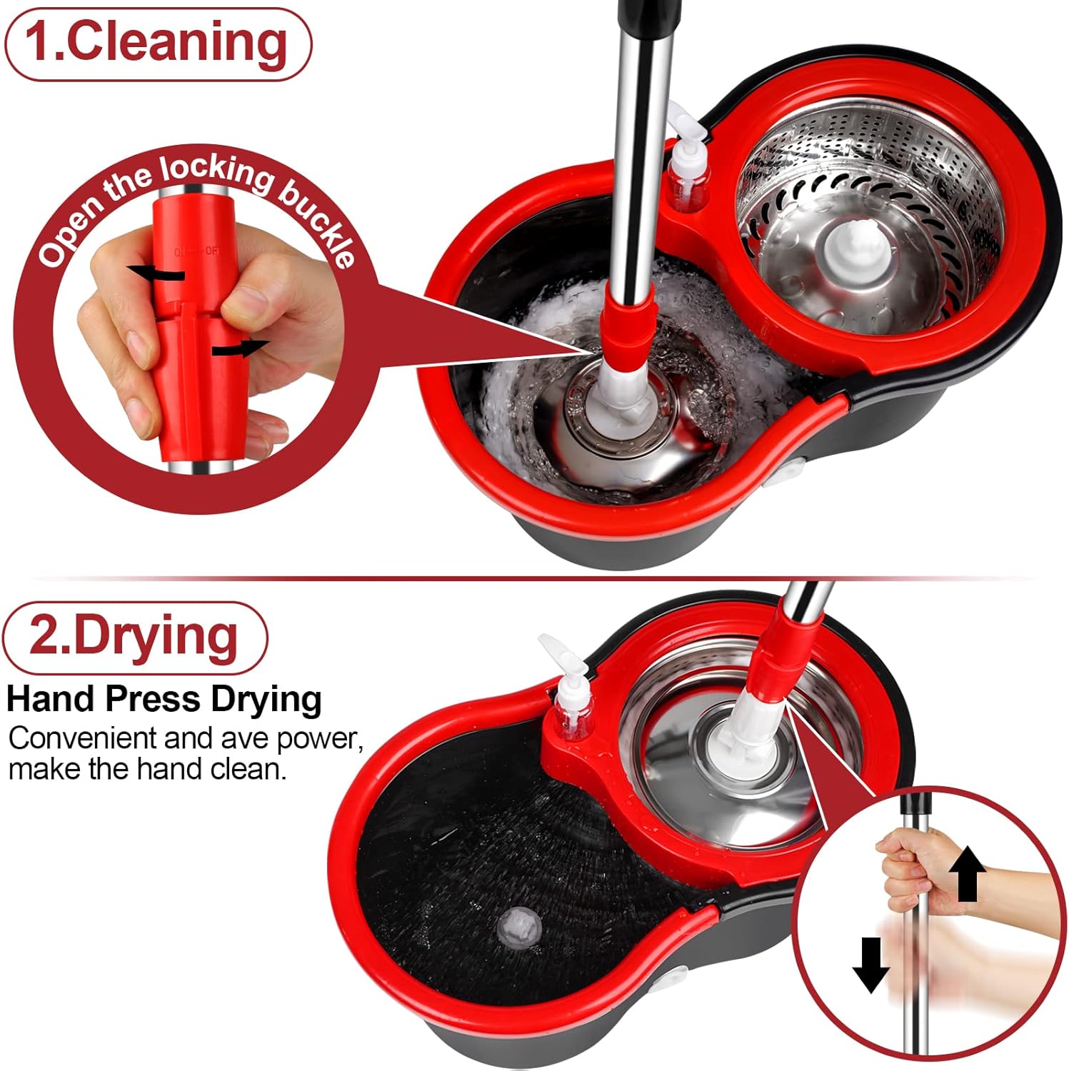 Spin Mop and Bucket with Wringer Set, 360° Spinning Mop Bucket System with 3 Microfiber Mop Replacement Heads and 61
