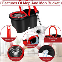 Spin Mop and Bucket with Wringer Set, 360° Spinning Mop Bucket System with 3 Microfiber Mop Replacement Heads and 61