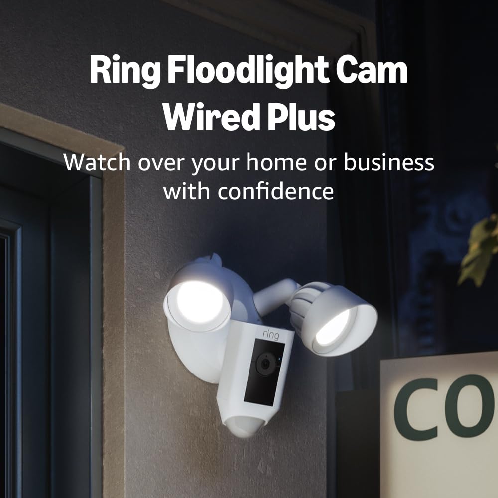 Ring Floodlight Cam Wired Plus — Outdoor home or business security with motion-activated 1080p HD video and floodlights, (2021 release) White White 1 Camera Floodlight Cam Wired Plus Only