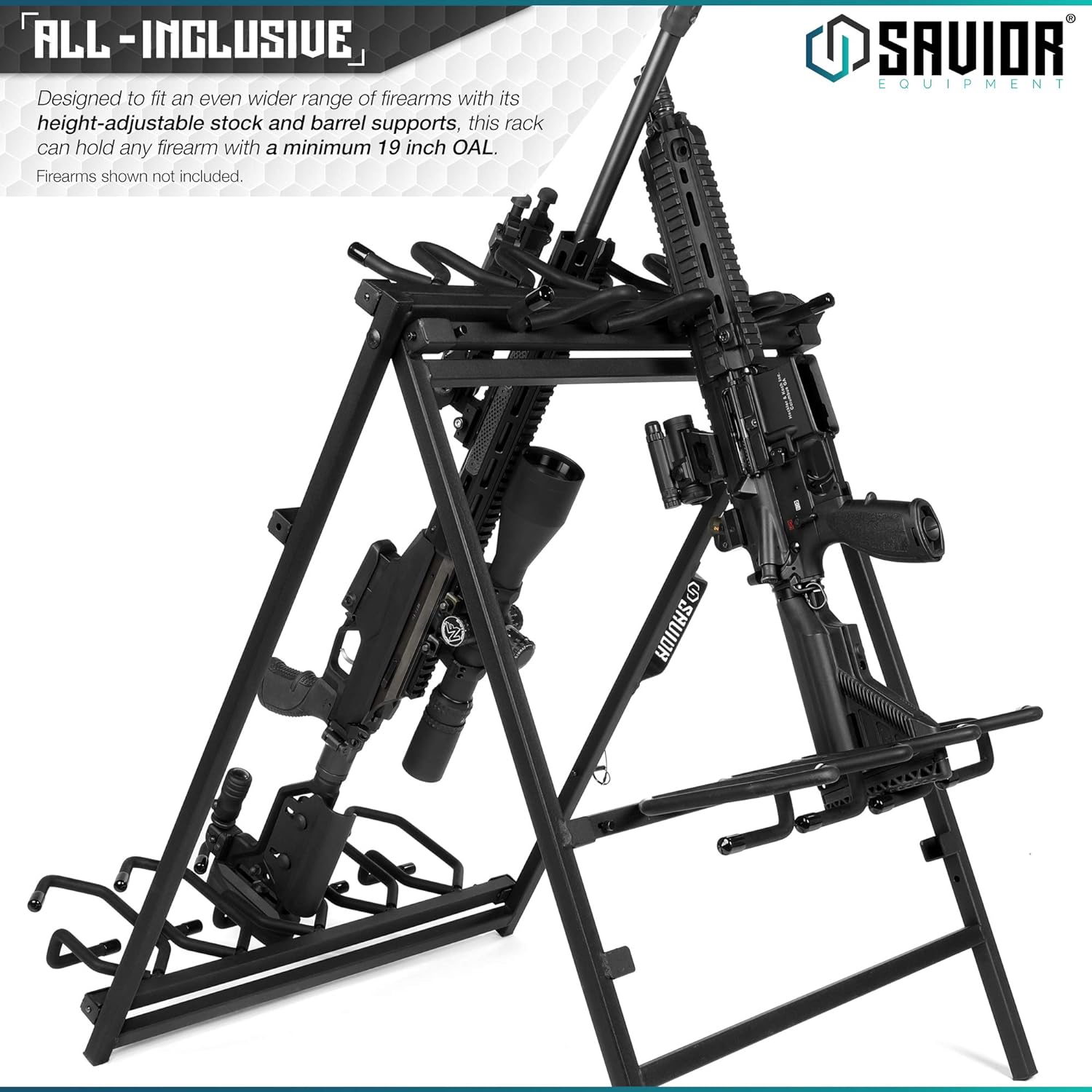 Savior Equipment Portable Folding 9 Gun Free-Standing Rifle Rack, Heavy-Duty Steel Frame, Deer Camp Firearms Display Stand, 2 Height Settings Fit Most Carbine and AR Pistols Obsidian Black Up to 9 Firearms