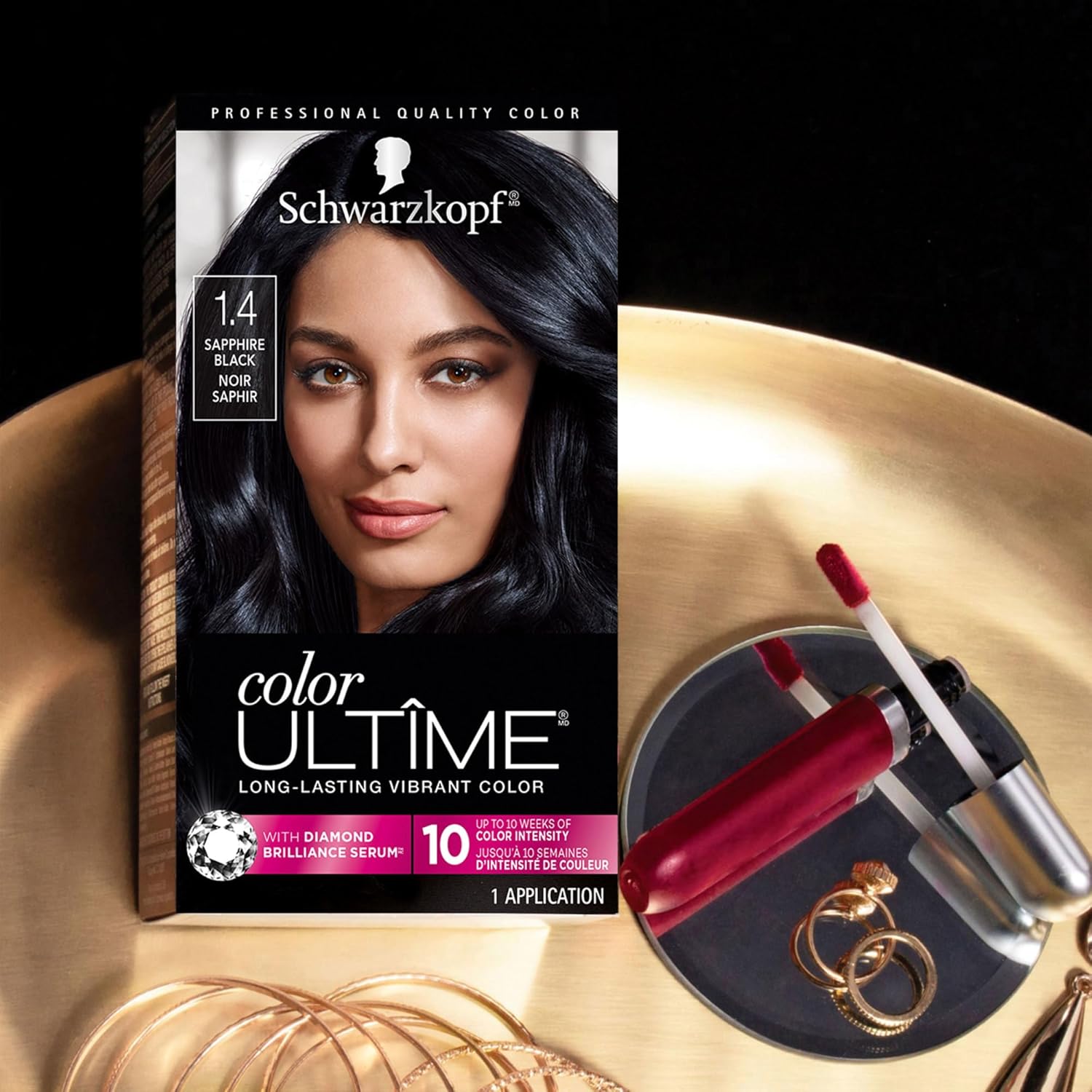 Schwarzkopf Color Ultime 1.4 Sapphire Black Hair Dye, Permanent Intense Black with Diamond Brilliance, Fade-Resistant, Covers Grays, All Hair Textures 1 Count (Pack of 1) 1.4 Sapphire Black
