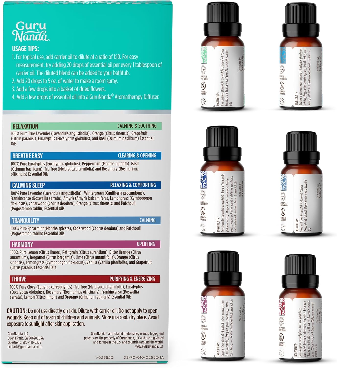 GuruNanda Essential Oil Blends (Set of 6) - Natural Essential Oil Set, Aromatherapy Oil Blends for Diffusers - Breathe Easy, Tranquility, Harmony, Calming Sleep, Relaxation & Thrive Blends EO - 6 Pack Pack of 6 - Blend