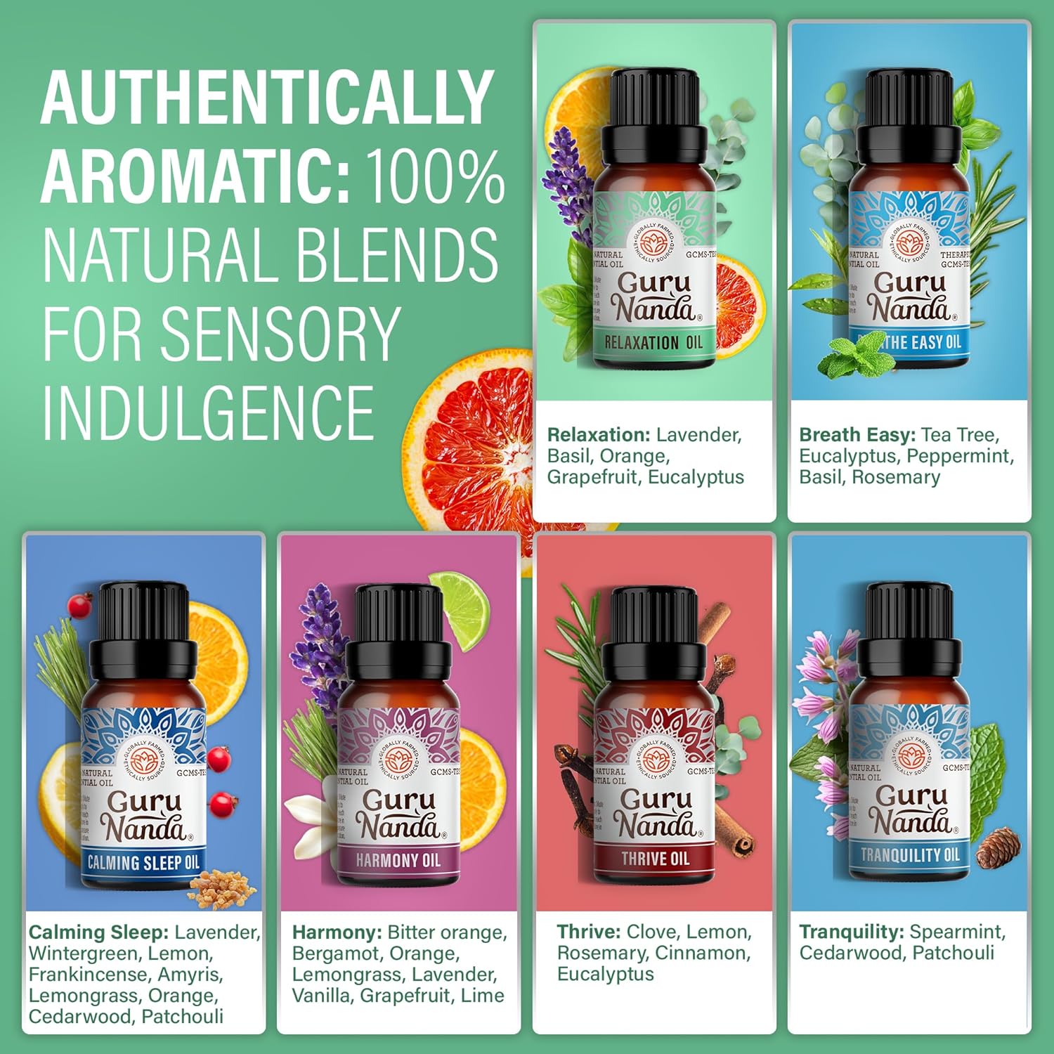 GuruNanda Essential Oil Blends (Set of 6) - Natural Essential Oil Set, Aromatherapy Oil Blends for Diffusers - Breathe Easy, Tranquility, Harmony, Calming Sleep, Relaxation & Thrive Blends EO - 6 Pack Pack of 6 - Blend