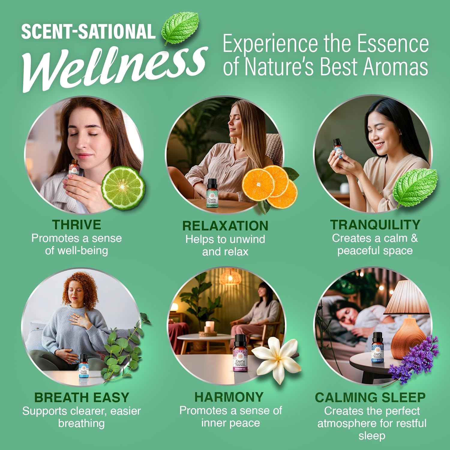 GuruNanda Essential Oil Blends (Set of 6) - Natural Essential Oil Set, Aromatherapy Oil Blends for Diffusers - Breathe Easy, Tranquility, Harmony, Calming Sleep, Relaxation & Thrive Blends EO - 6 Pack Set of 6