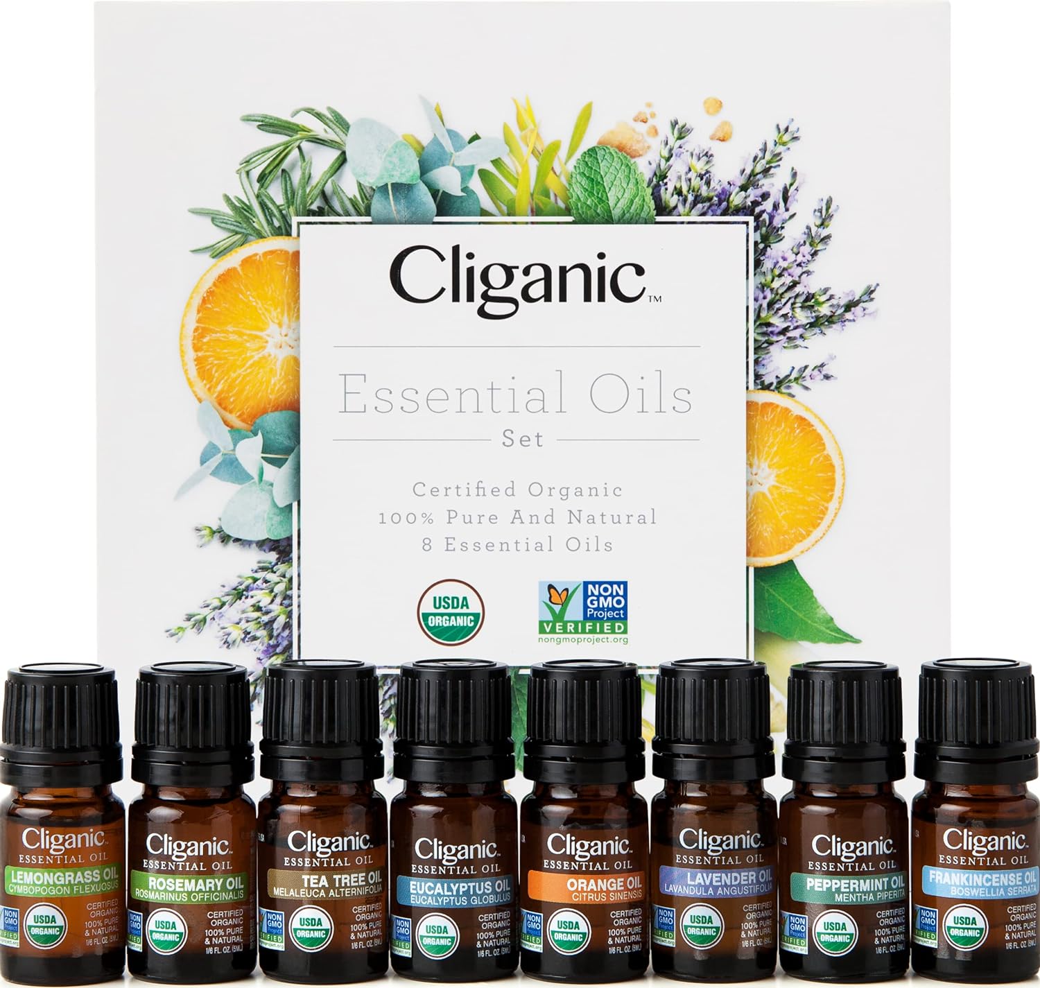 Cliganic Organic Aromatherapy Essential Oils Gift Set (Top 8), 100% Pure - Peppermint, Lavender, Eucalyptus, Tea Tree, Lemongrass, Rosemary, Frankincense & Orange Aromatherapy Set Organic 0.16 Fl Oz (Pack of 8)