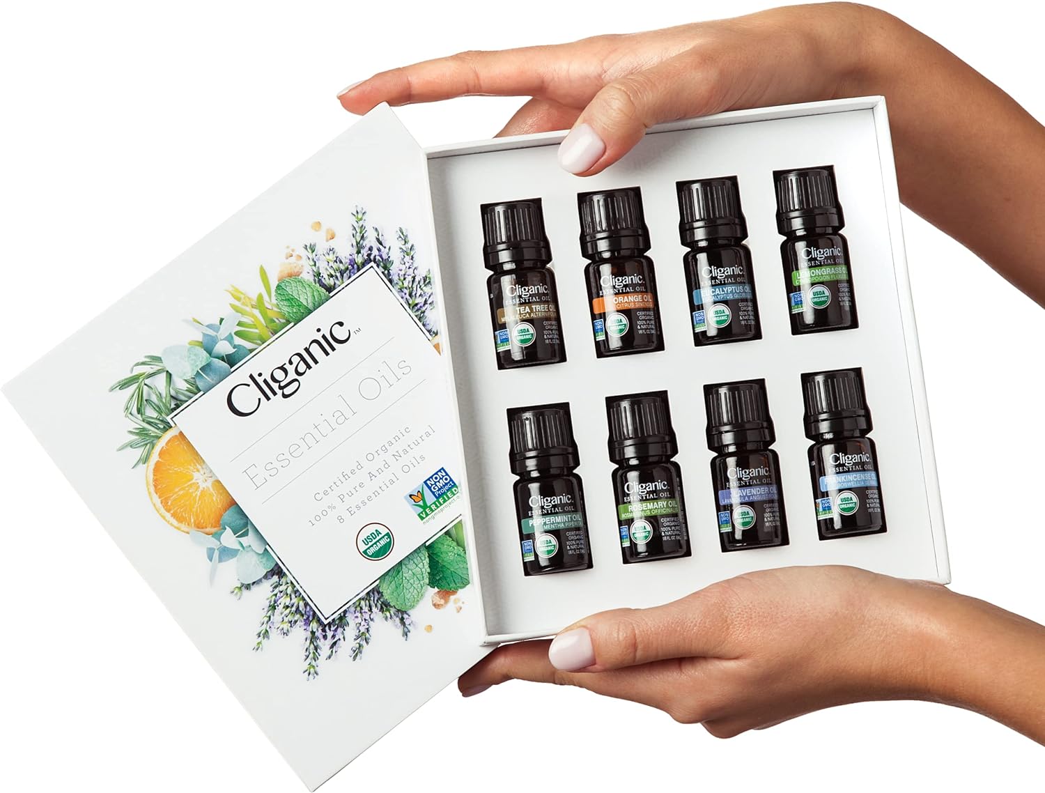 Cliganic Organic Aromatherapy Essential Oils Gift Set (Top 8), 100% Pure - Peppermint, Lavender, Eucalyptus, Tea Tree, Lemongrass, Rosemary, Frankincense & Orange Aromatherapy Set Organic 0.16 Fl Oz (Pack of 8)