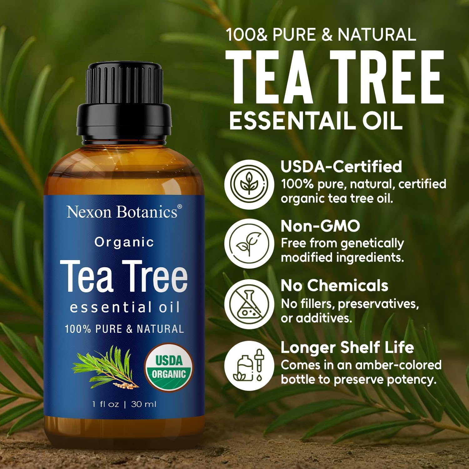 Organic Tea Tree Oil 30 ml - Pure, Natural Melaleuca Alternifolia Essential Oil for Skin, Face, Scalp, Aromatherapy & Diffusers - Nexon Botanics