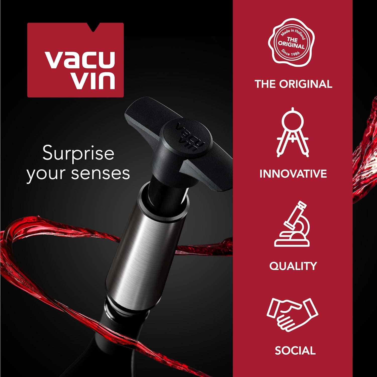 Vacu Vin Wine Saver Pump Black with Vacuum Wine Stopper - Keep Your Wine Fresh for up to 10 Days - 1 Pump 4 Stoppers - Reusable - Made in the Netherlands