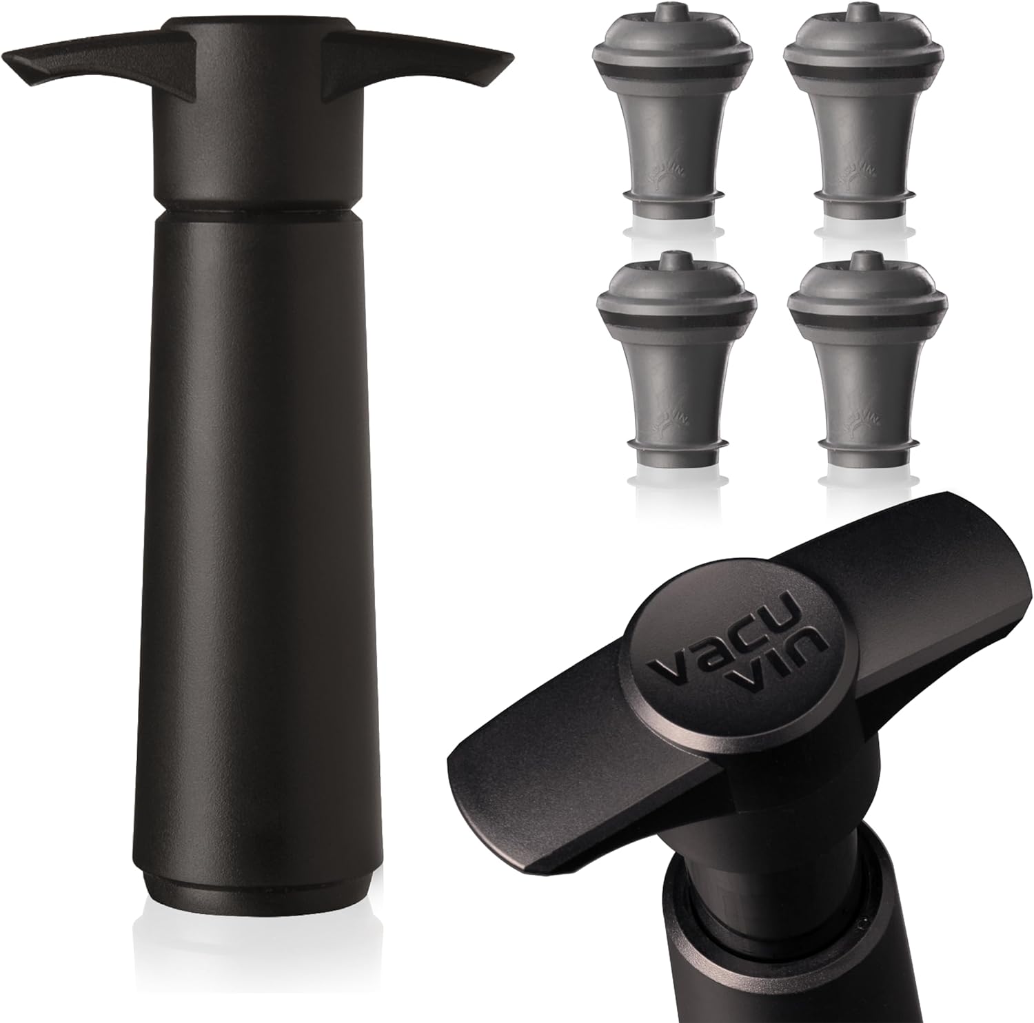 Vacu Vin Wine Saver Pump Black with Vacuum Wine Stopper - Keep Your Wine Fresh for up to 10 Days - 1 Pump 4 Stoppers - Reusable - Made in the Netherlands