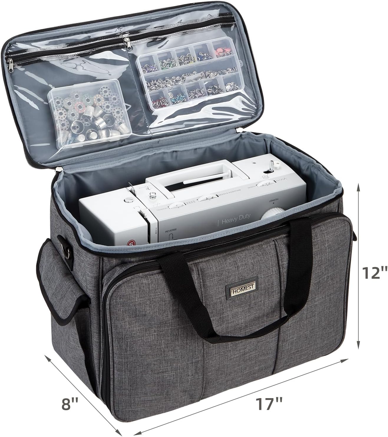 HOMEST Sewing Machine Carrying Case with Multiple Storage Pockets, Universal Tote Bag with Shoulder Strap Compatible with Most Standard Singer, Brother, Janome, Grey (Patent Design)