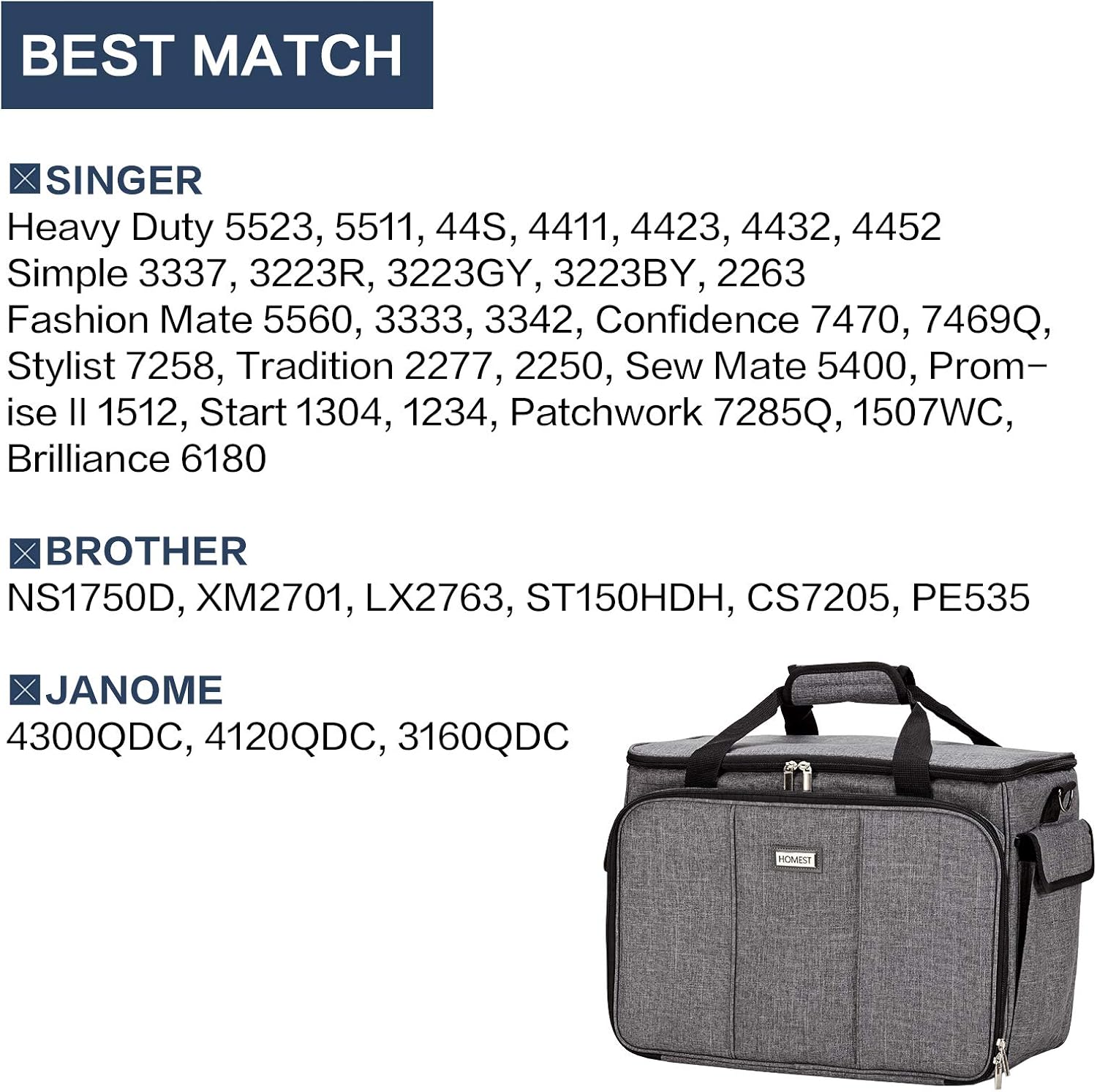HOMEST Sewing Machine Carrying Case with Multiple Storage Pockets, Universal Tote Bag with Shoulder Strap Compatible with Most Standard Singer, Brother, Janome, Grey (Patent Design) Sewing Machine Bag Style 1 Grey