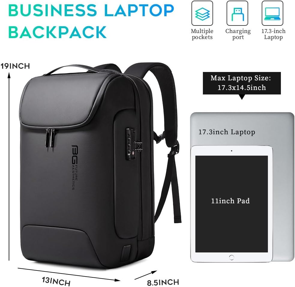 BANGE Men's Anti-Theft Backpack,Waterproof Fashion Travel Backpacks,High Tech Backpack with USB3.0 Charging Port,Business Laptop Backpack Fits 17.3 Inch Notebook… Black