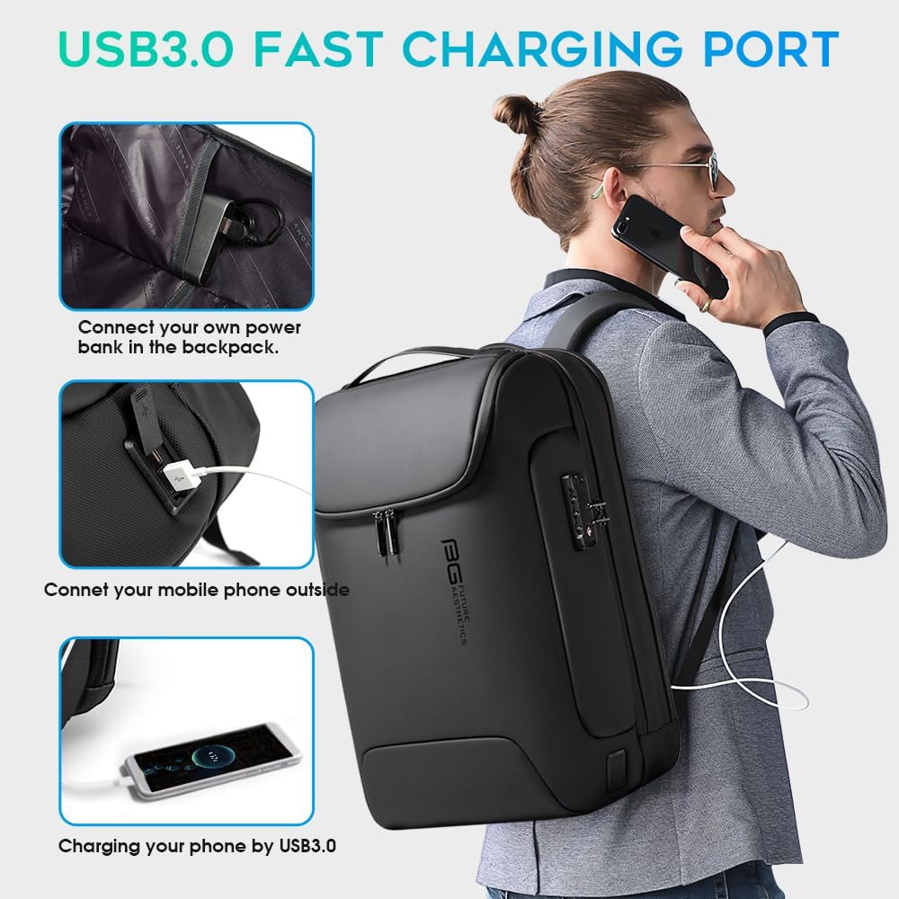 BANGE Men's Anti-Theft Backpack,Waterproof Fashion Travel Backpacks,High Tech Backpack with USB3.0 Charging Port,Business Laptop Backpack Fits 17.3 Inch Notebook… Black
