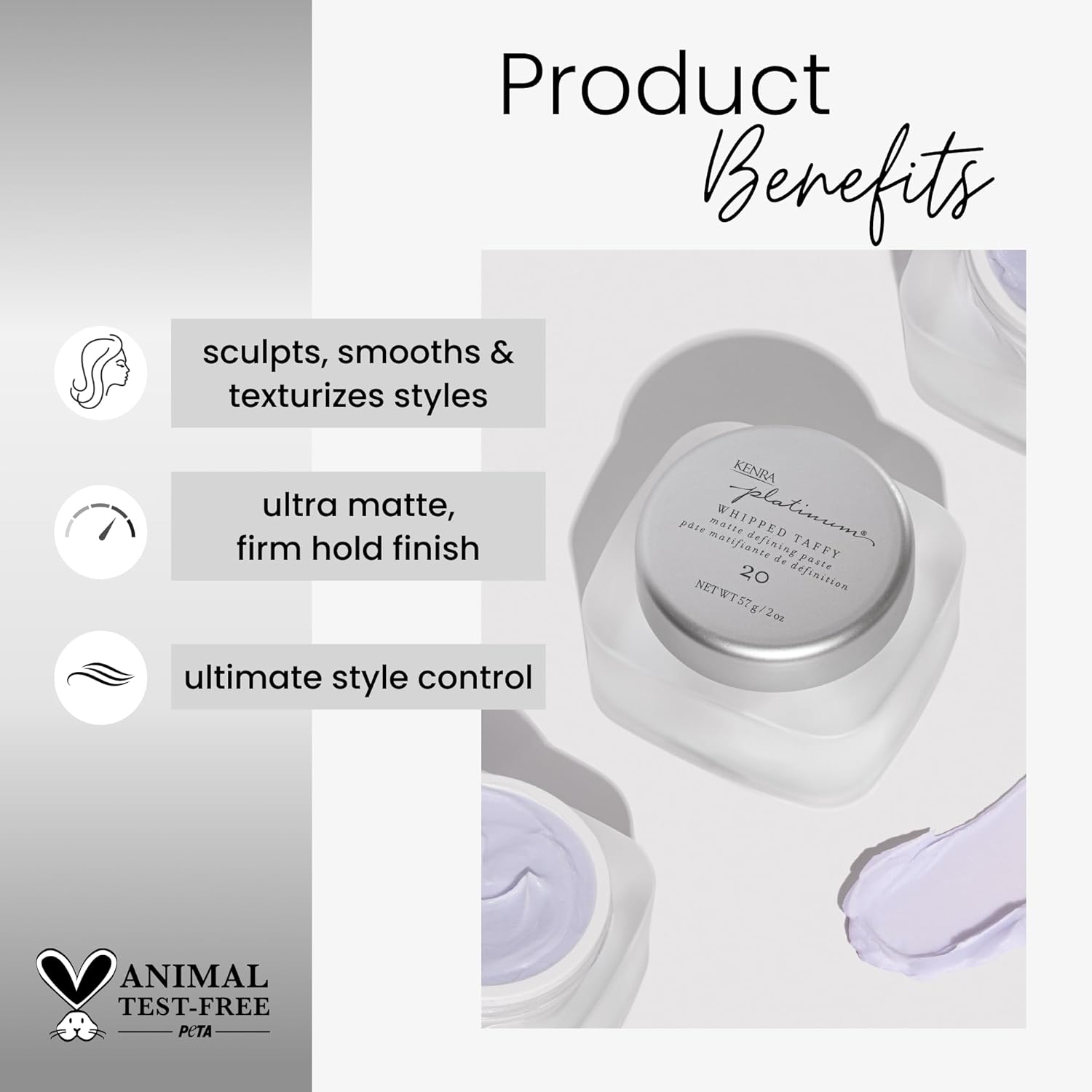 Kenra Platinum Whipped Taffy 20 | Matte Defining Paste | Delivers An Ultra-Matte, Firm Hold Finish | Sculpts, Smooths & Texturizes Styles | All Hair Types 2 Ounce (Pack of 1)