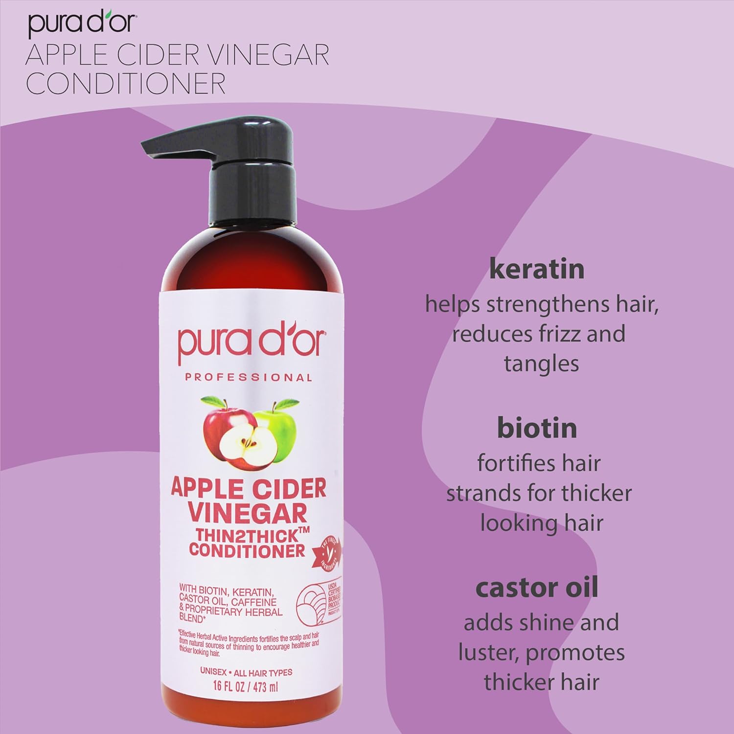 PURA D'OR Apple Cider Vinegar Thin2Thick Set (16oz x 2) ACV Shampoo & Conditioner, Clarifying - Biotin, Keratin, Caffeine, Castor Oil, Aloe - All Hair Types, Men & Women (Packaging may vary) Combo