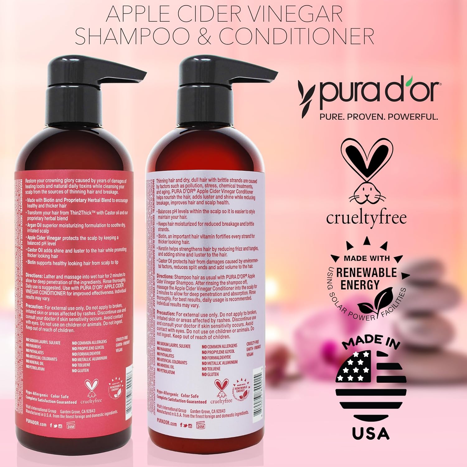 PURA D'OR Apple Cider Vinegar Thin2Thick Set (16oz x 2) ACV Shampoo & Conditioner, Clarifying - Biotin, Keratin, Caffeine, Castor Oil, Aloe - All Hair Types, Men & Women (Packaging may vary) Combo