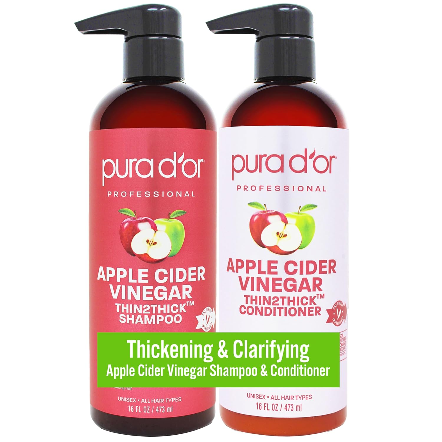 PURA D'OR Apple Cider Vinegar Thin2Thick Set (16oz x 2) ACV Shampoo & Conditioner, Clarifying - Biotin, Keratin, Caffeine, Castor Oil, Aloe - All Hair Types, Men & Women (Packaging may vary) Combo