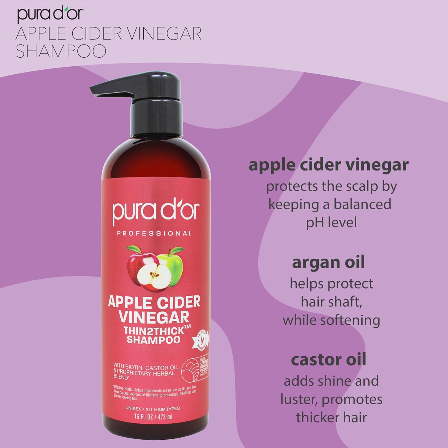 PURA D'OR Apple Cider Vinegar Thin2Thick Set (16oz x 2) ACV Shampoo & Conditioner, Clarifying - Biotin, Keratin, Caffeine, Castor Oil, Aloe - All Hair Types, Men & Women (Packaging may vary) Combo