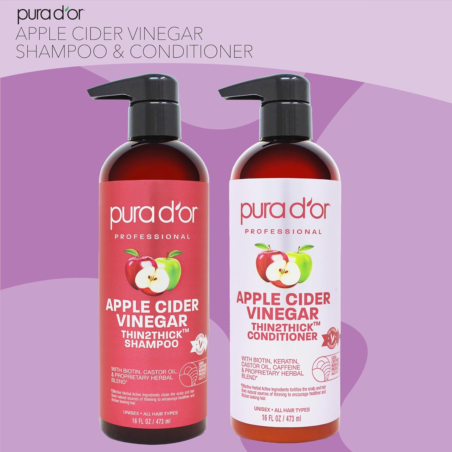 PURA D'OR Apple Cider Vinegar Thin2Thick Set (16oz x 2) ACV Shampoo & Conditioner, Clarifying - Biotin, Keratin, Caffeine, Castor Oil, Aloe - All Hair Types, Men & Women (Packaging may vary) Combo