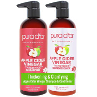 PURA D'OR Apple Cider Vinegar Thin2Thick Set (16oz x 2) ACV Shampoo & Conditioner, Clarifying - Biotin, Keratin, Caffeine, Castor Oil, Aloe - All Hair Types, Men & Women (Packaging may vary) Combo