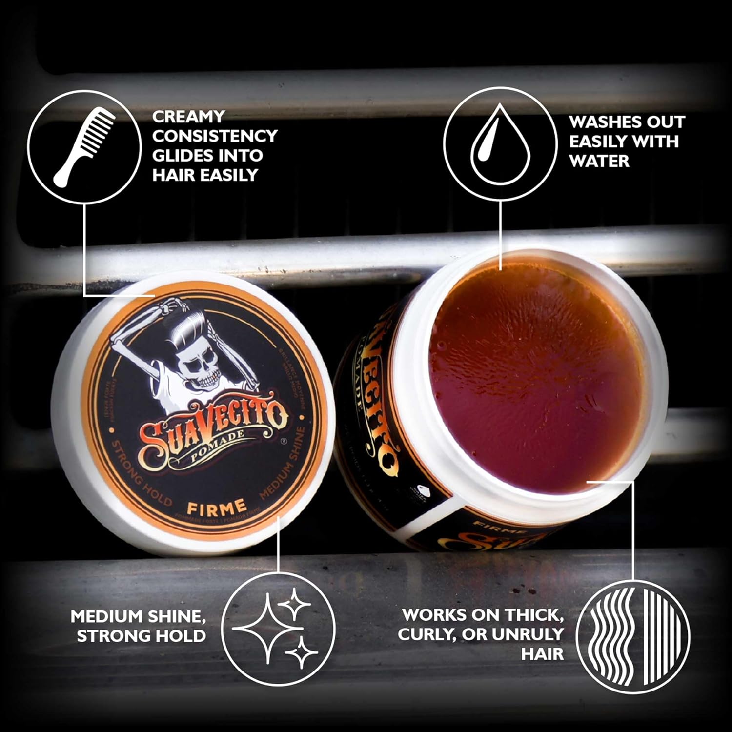 Suavecito Pomade Firme (Strong) Hold 4 oz, 1 Pack - Pomade For Men - Medium Shine Water Based Wax Like Flake Free Hair Gel - Easy To Wash Out - All Day Hold For All Hair Styles
