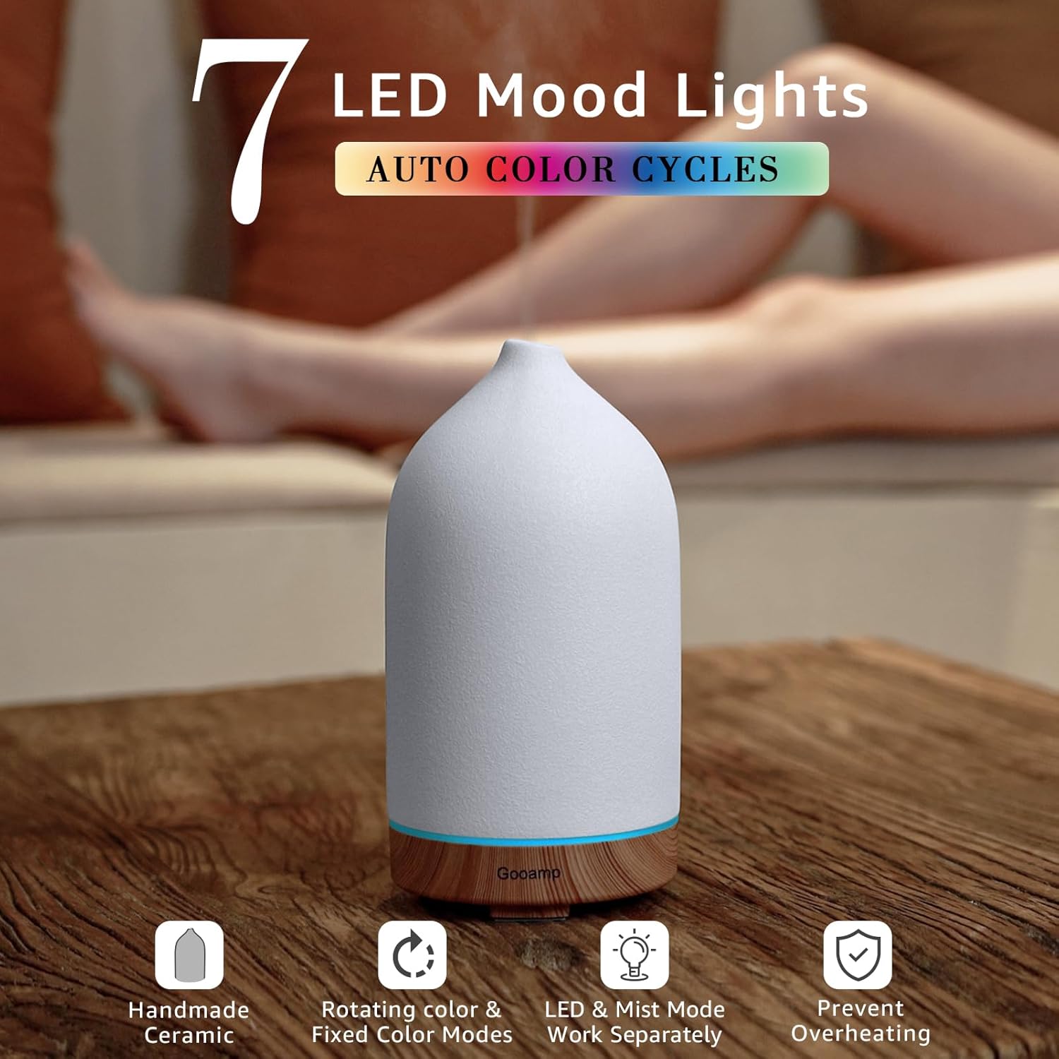 200ML Ceramic Essential Oil Diffuser - Ultrasonic Aromatherapy & Humidifier with 7-Color LED Lights, Auto Shut-Off, Wood Grain Base, 1H/3H/6H Timer | Scent for Home, Office, Yoga 1 Pack Wood