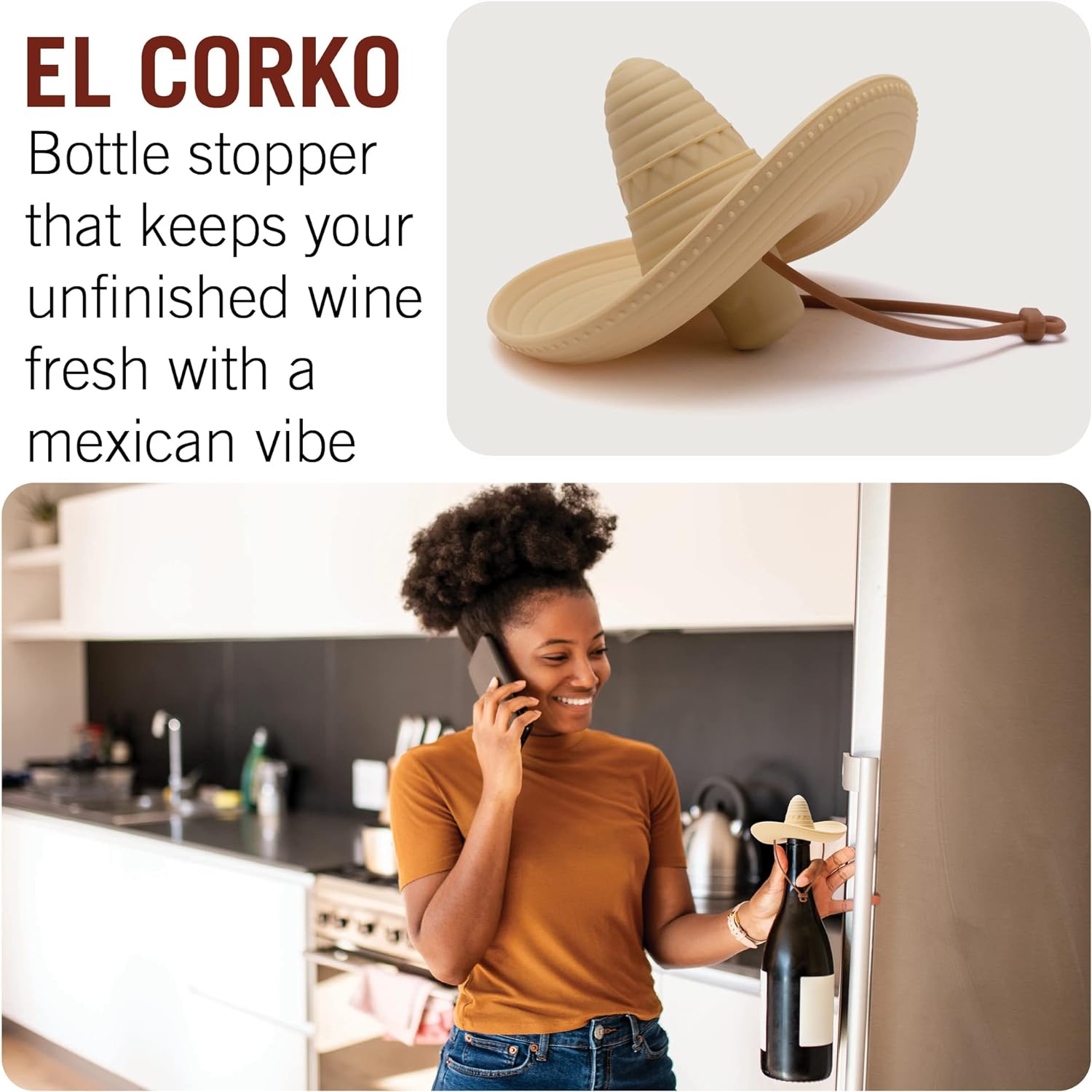 Silicone Wine Stopper/Fun Sombrero Shaped Cap Seals Bottle and Keeps Wine Fresh/Cute Wine Accessories/Fun Kitchen Gadgets/el Corko Bottle Stopper by Monkey Business Cream