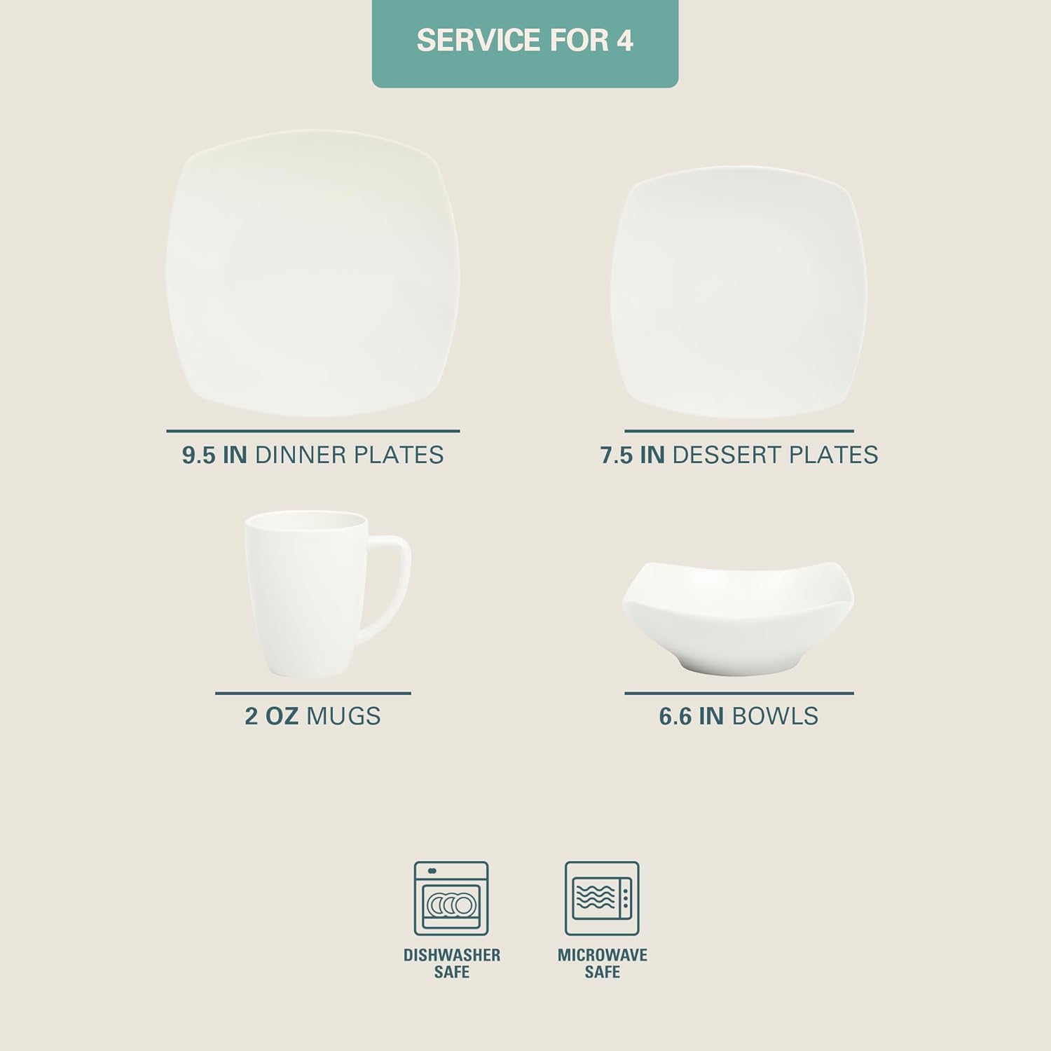 Gibson Home Zen Buffet Porcelain Chip and Scratch Resistant Dinnerware Plates, Bowls, and Mugs Set, Service for 4 (16pcs), White (Square Dishes) Zen Buffet White Service for 4 (16pcs)